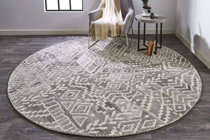 8' Gray and White Round Wool Abstract Tufted Handmade Area Rug