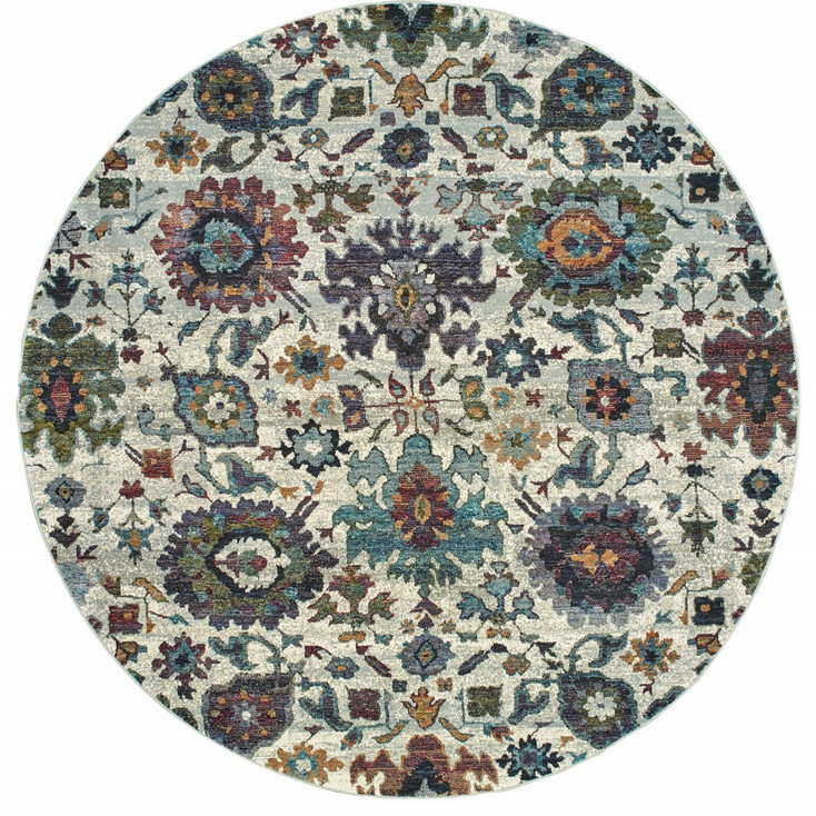 8' Stone Grey Purple Green Gold and Teal Round Oriental Power Loom Area Rug