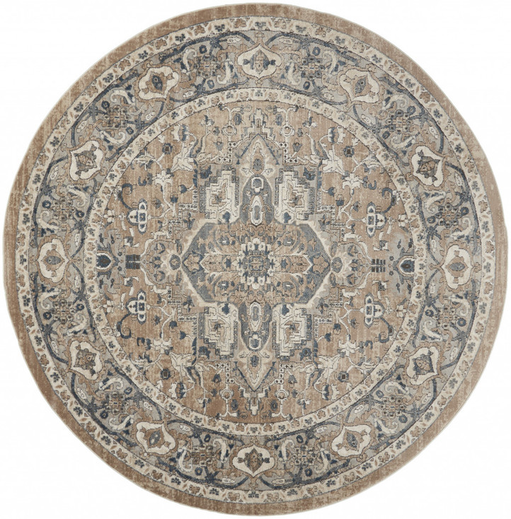 8 x 8' Beige and Grey Round Oriental Power Loom Non Skid Area Rug
