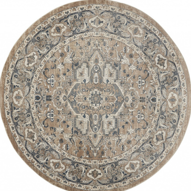 8 x 8' Beige and Grey Round Oriental Power Loom Non Skid Area Rug