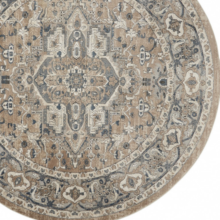 8 x 8' Beige and Grey Round Oriental Power Loom Non Skid Area Rug