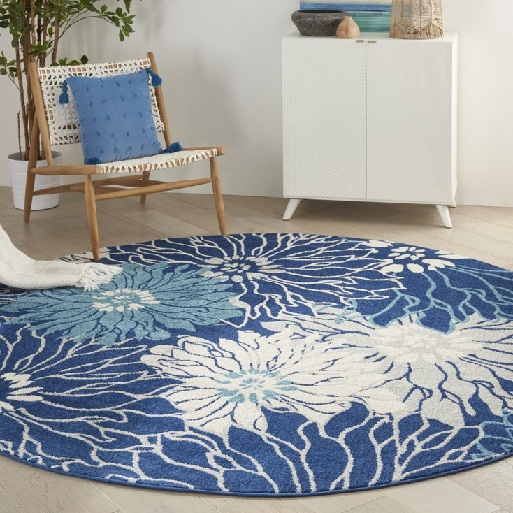 8' Blue and Ivory Round Floral Dhurrie Area Rug