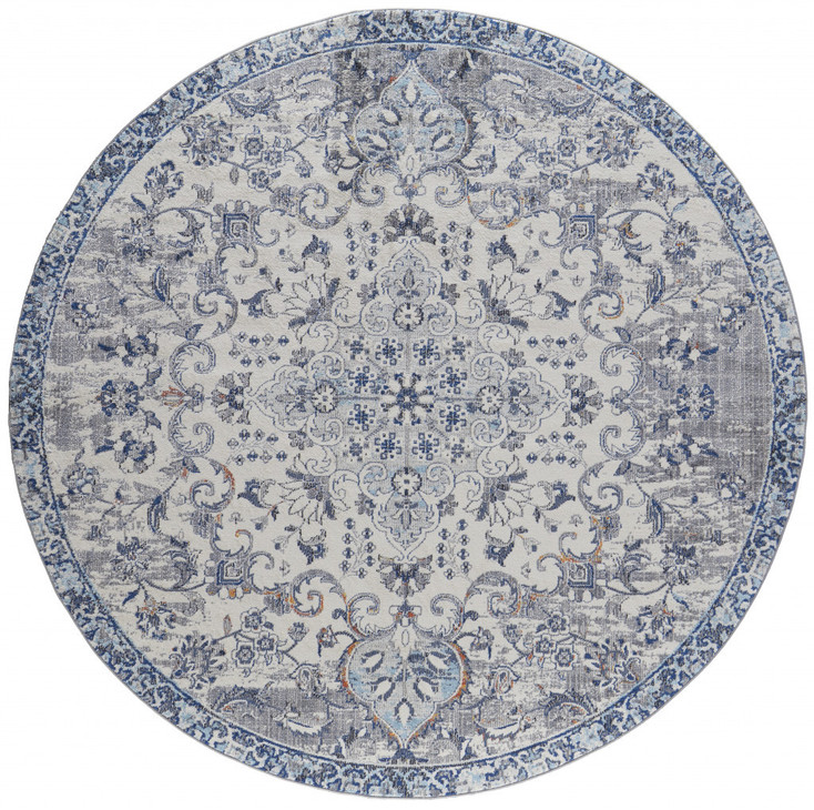 8' Ivory Gray and Blue Round Floral Power Loom Distressed Stain Resistant Area Rug