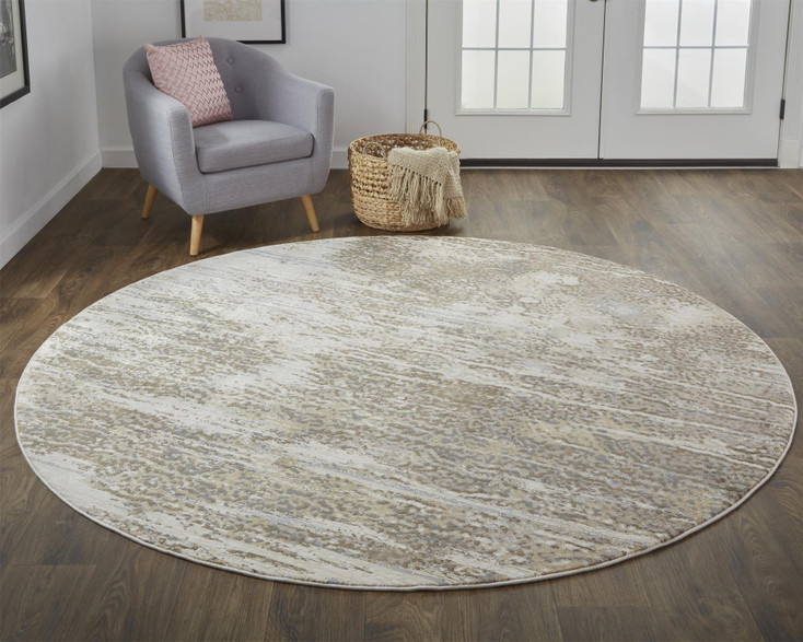 8' Tan Ivory and Brown Round Abstract Area Rug