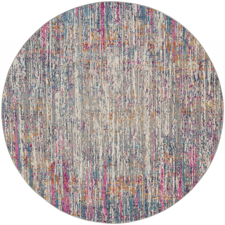 8' Pink and Ivory Round Abstract Power Loom Area Rug
