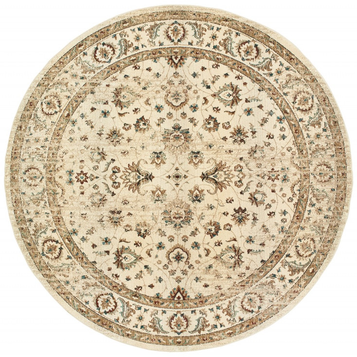 8' Round Ivory and Gold Distressed Indoor Area Rug