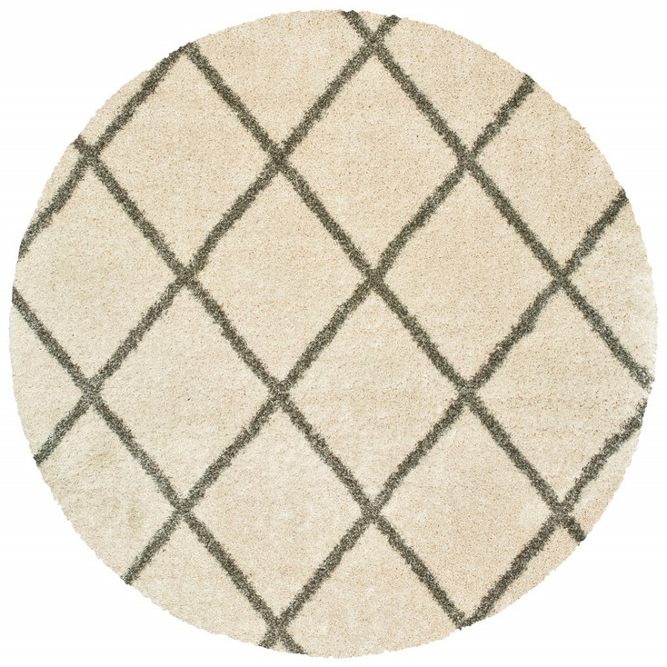 8' Round Ivory and Gray Geometric Lattice Area Rug