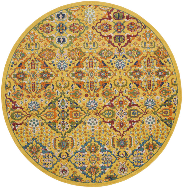 8' Yellow Round Floral Power Loom Area Rug