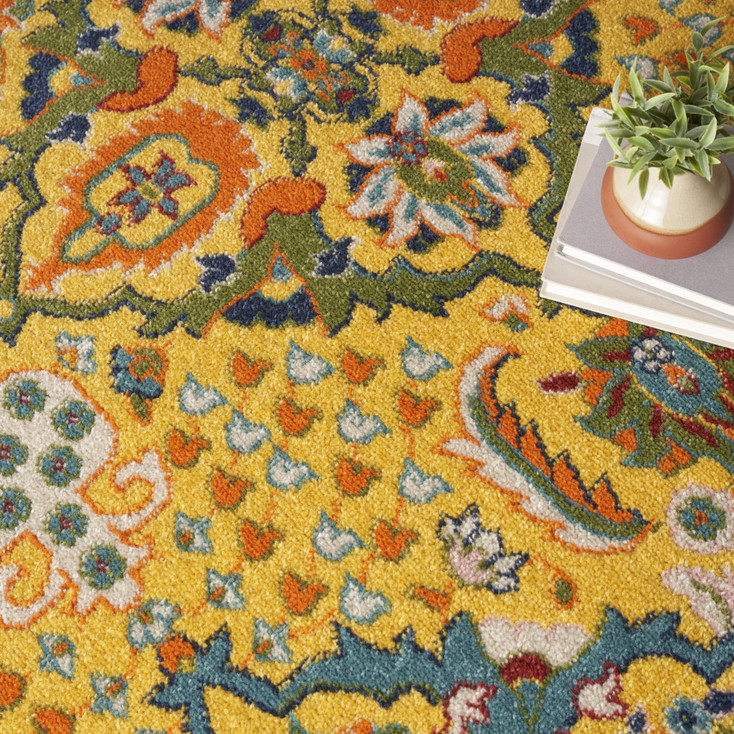 8' Yellow Round Floral Power Loom Area Rug