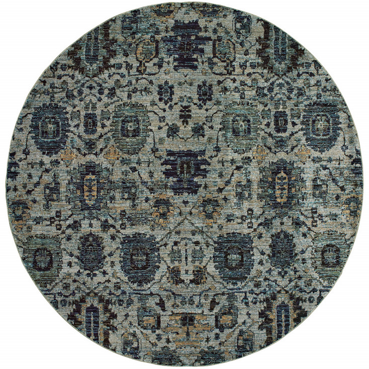8' Blue and Navy Round Oriental Power Loom Stain Resistant Area Rug