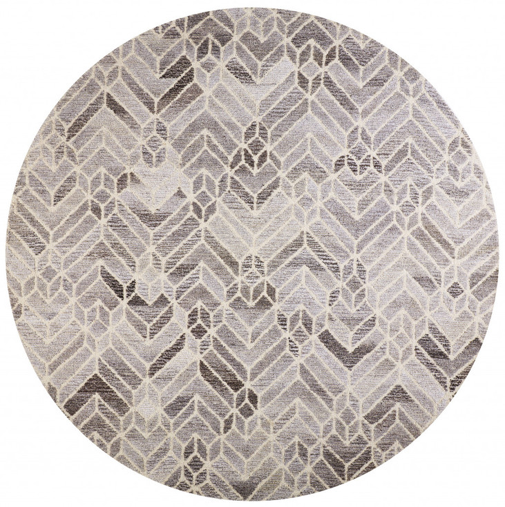 8' Taupe Gray and Ivory Round Wool Geometric Tufted Handmade Area Rug