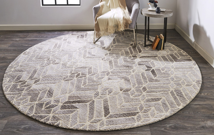 8' Taupe Gray and Ivory Round Wool Geometric Tufted Handmade Area Rug