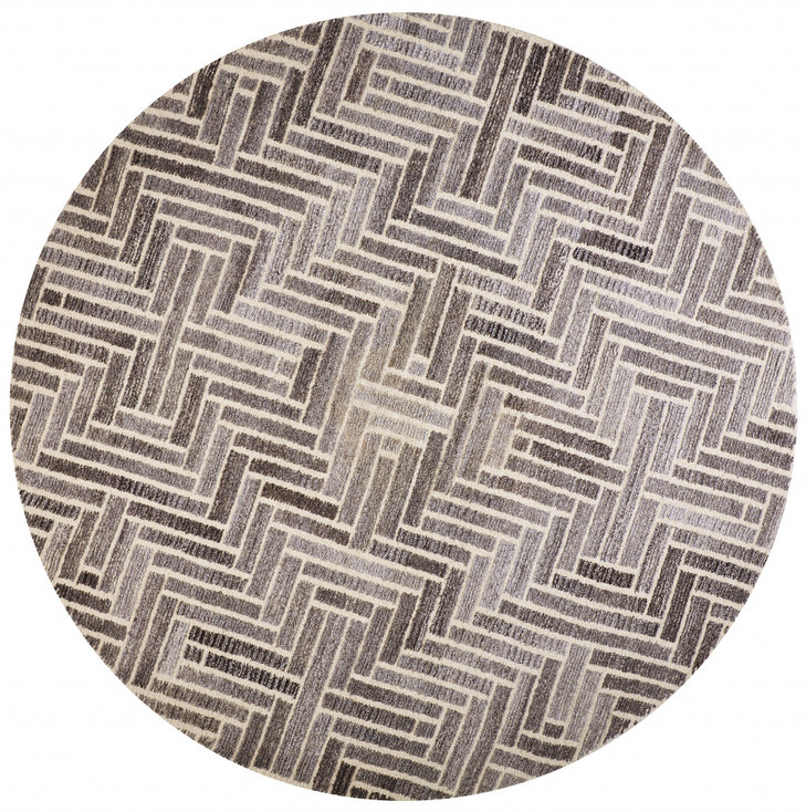 8' Taupe Gray and Tan Round Wool Geometric Tufted Handmade Area Rug