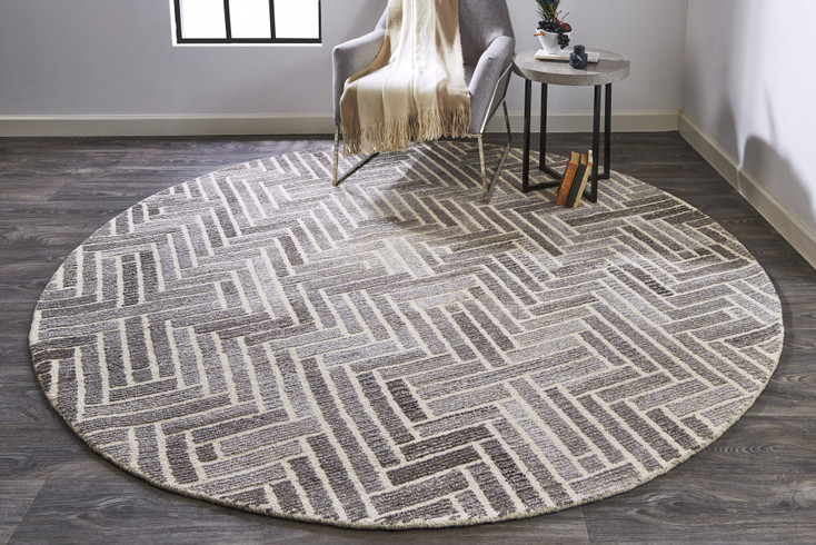 8' Taupe Gray and Tan Round Wool Geometric Tufted Handmade Area Rug