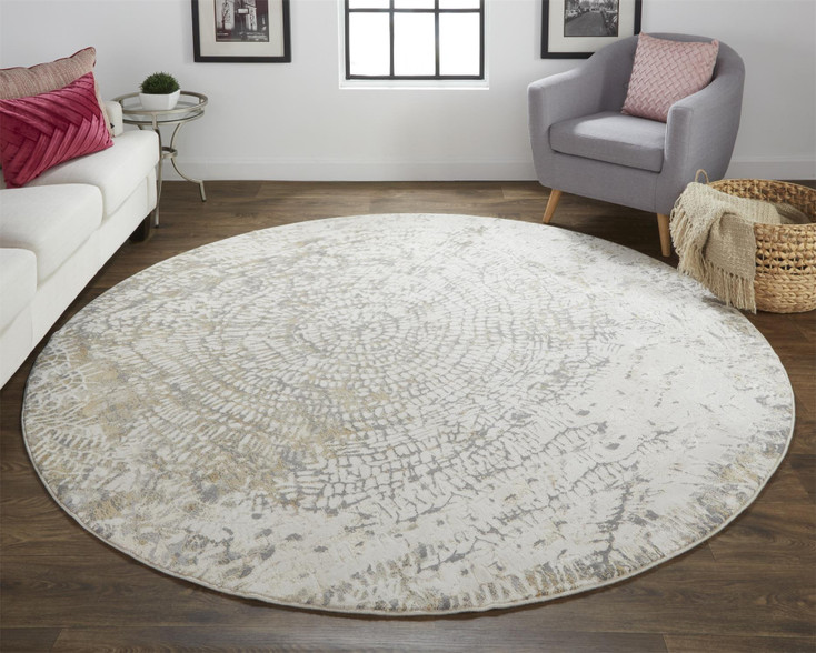 8' Ivory Tan and Gray Round Abstract Area Rug