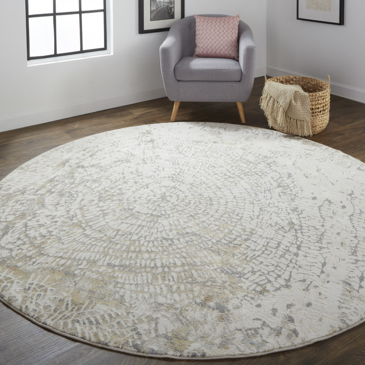 8' Ivory Tan and Gray Round Abstract Area Rug