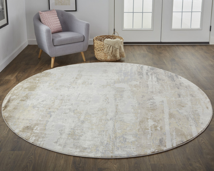 8' Tan Ivory and Gray Round Abstract Area Rug