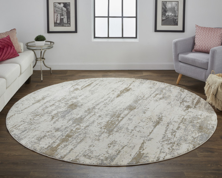 8' Ivory and Brown Round Abstract Area Rug