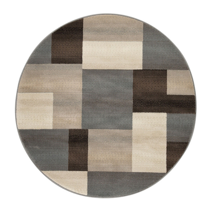 8' Round Grey-Brown Round Patchwork Power Loom Stain Resistant Area Rug