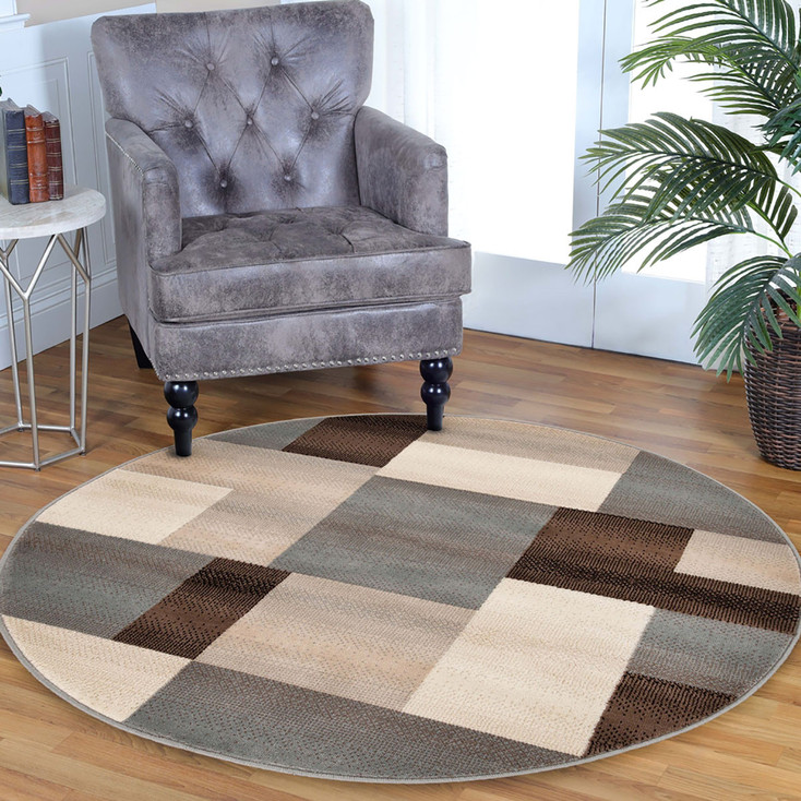 8' Round Grey-Brown Round Patchwork Power Loom Stain Resistant Area Rug