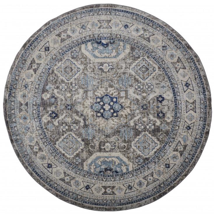 8' Gray Brown and Blue Round Floral Stain Resistant Area Rug