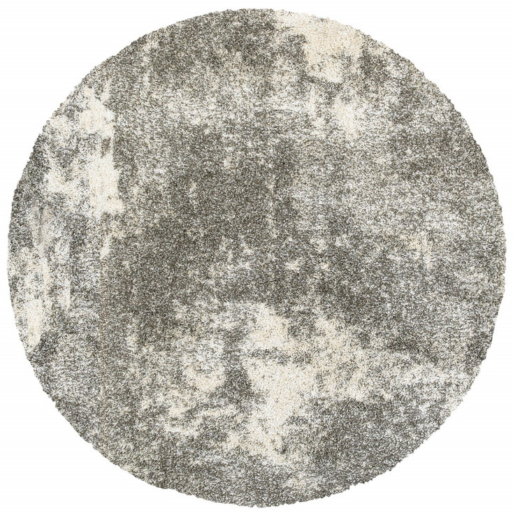 8' Round Gray and Ivory Distressed Abstract Area Rug