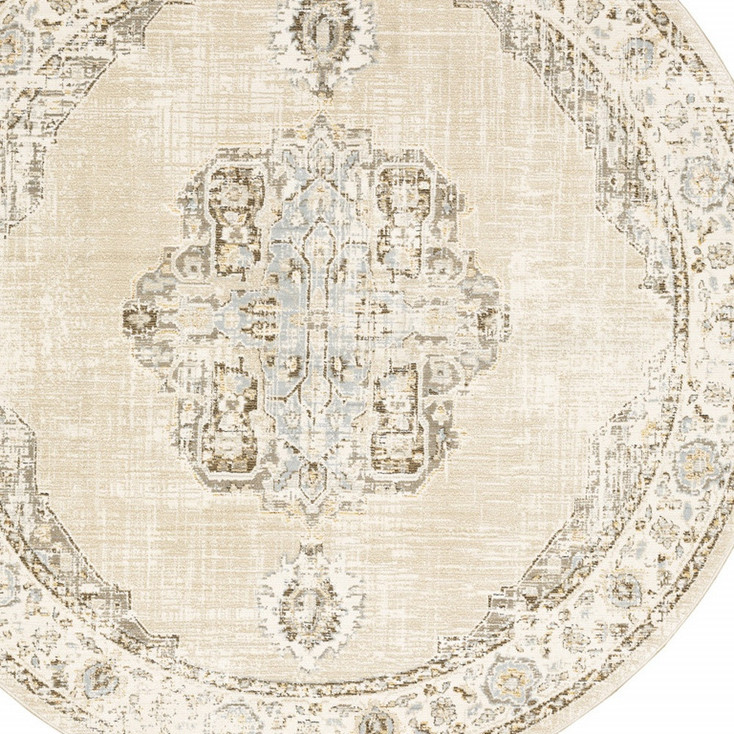 8' Beige & Ivory Round Oriental Power Loom Stain Resistant Area Rug