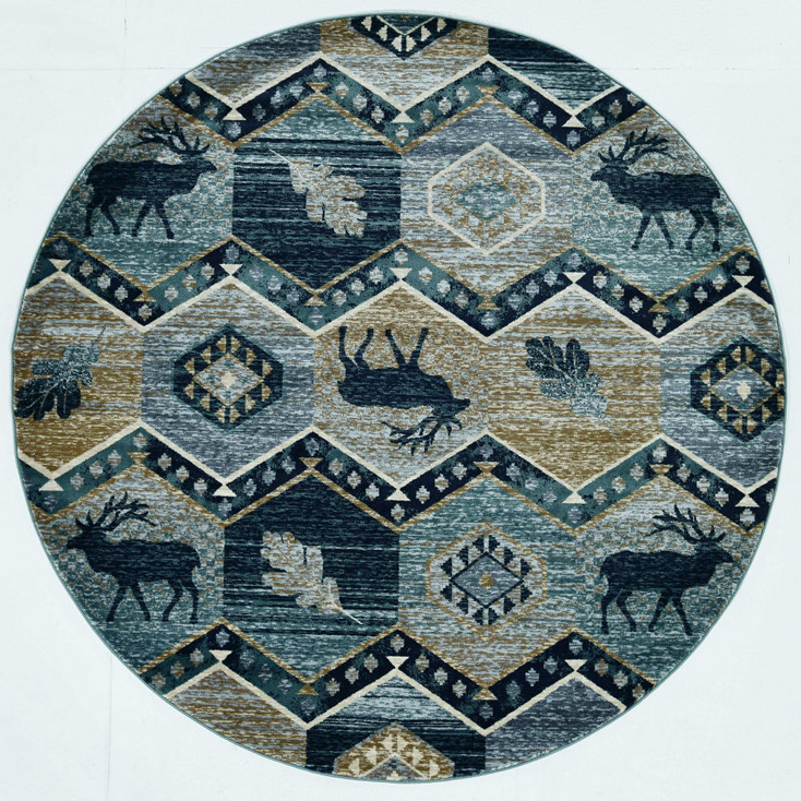 8' Blue and Green Round Geometric Area Rug