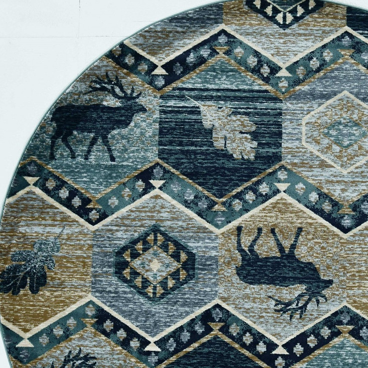 8' Blue and Green Round Geometric Area Rug