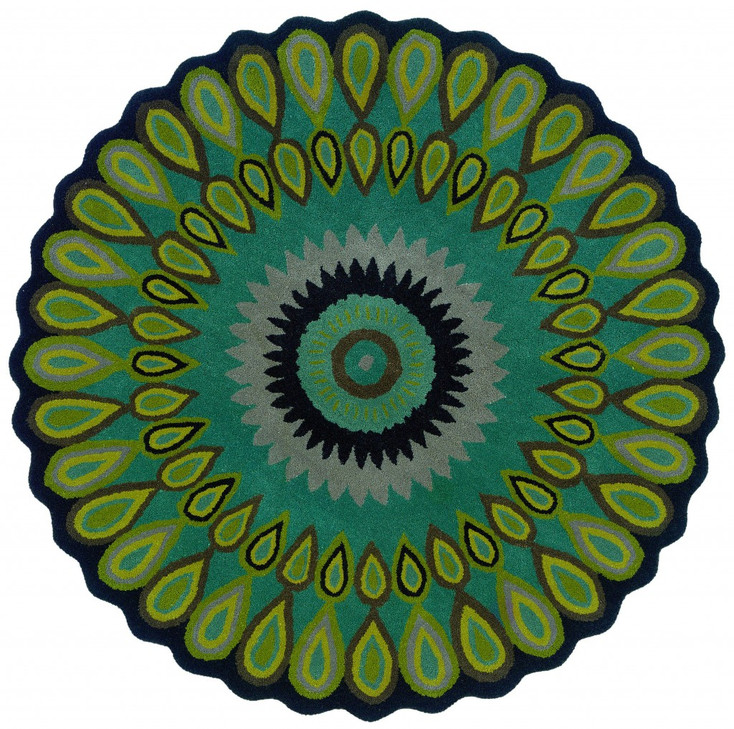 8' Round Green Peacock Feather Area Rug