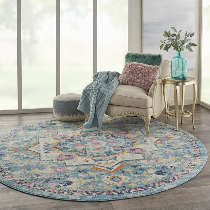 8' Blue and Ivory Round Dhurrie Area Rug