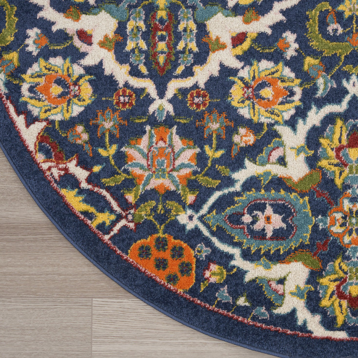 8' Blue Round Floral Power Loom Area Rug