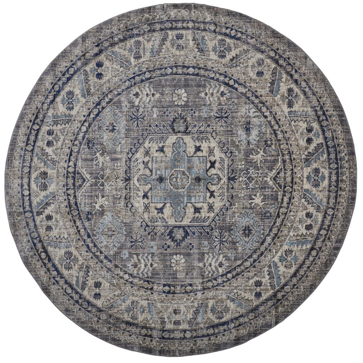 8' Taupe Gray and Blue Round Floral Stain Resistant Area Rug