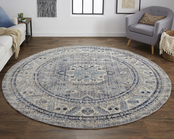8' Taupe Gray and Blue Round Floral Stain Resistant Area Rug