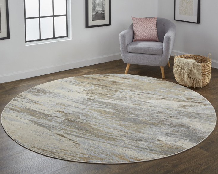 8' Ivory Tan and Brown Round Abstract Area Rug
