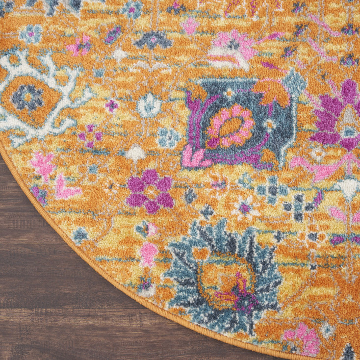 8' Gold Round Floral Power Loom Area Rug