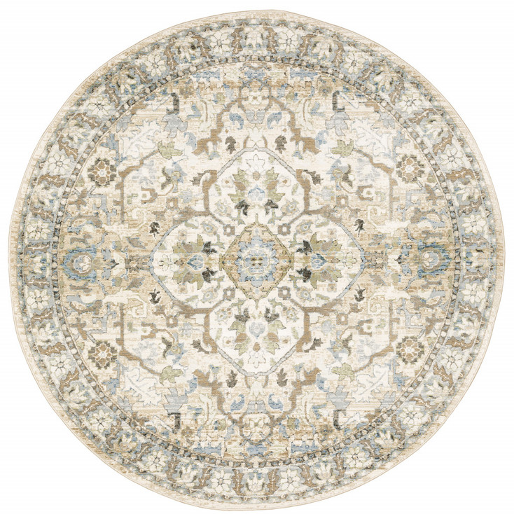 8' Beige and Ivory Round Oriental Power Loom Stain Resistant Area Rug