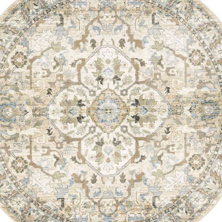 8' Beige and Ivory Round Oriental Power Loom Stain Resistant Area Rug