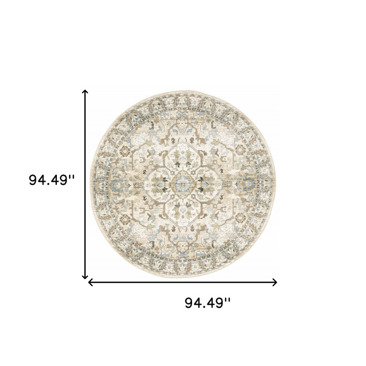 8' Beige and Ivory Round Oriental Power Loom Stain Resistant Area Rug