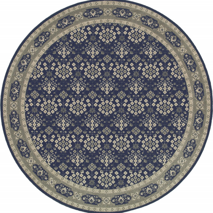 8' Round Navy and Gray Floral Ditsy Area Rug