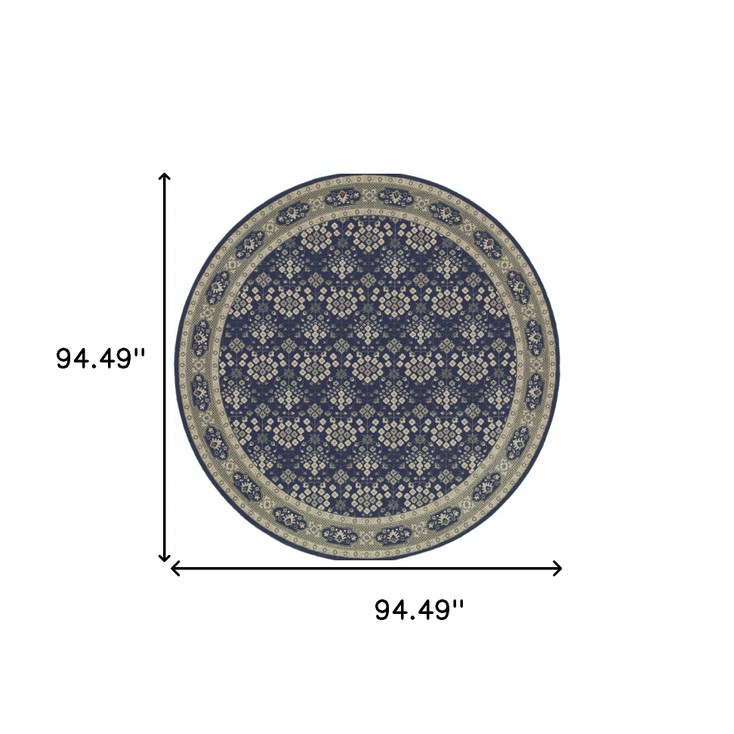 8' Round Navy and Gray Floral Ditsy Area Rug