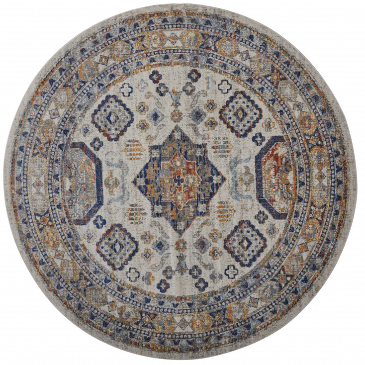 8' Ivory Orange and Blue Round Floral Stain Resistant Area Rug