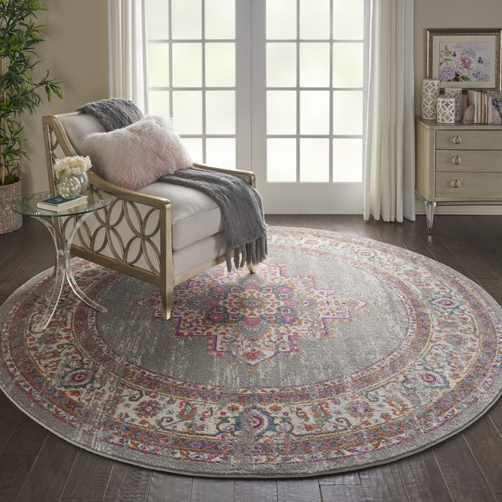 8' Gray Round Power Loom Polypropylene Area Rug