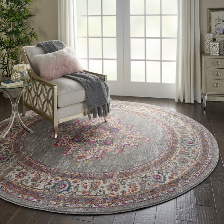 8' Gray Round Power Loom Polypropylene Area Rug