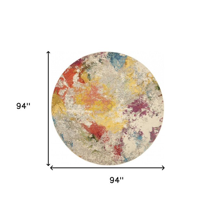 8' x 8' Ivory Round Abstract Power Loom Non Skid Area Rug