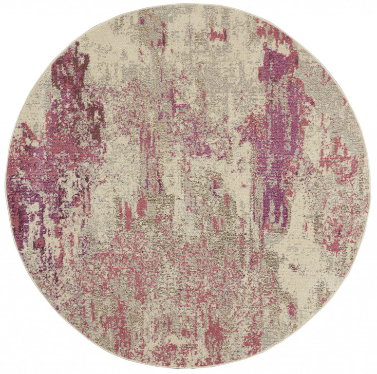 8' x 8' Ivory and Pink Round Abstract Power Loom Non Skid Area Rug