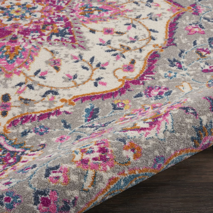 8' Pink and Gray Round Power Loom Area Rug