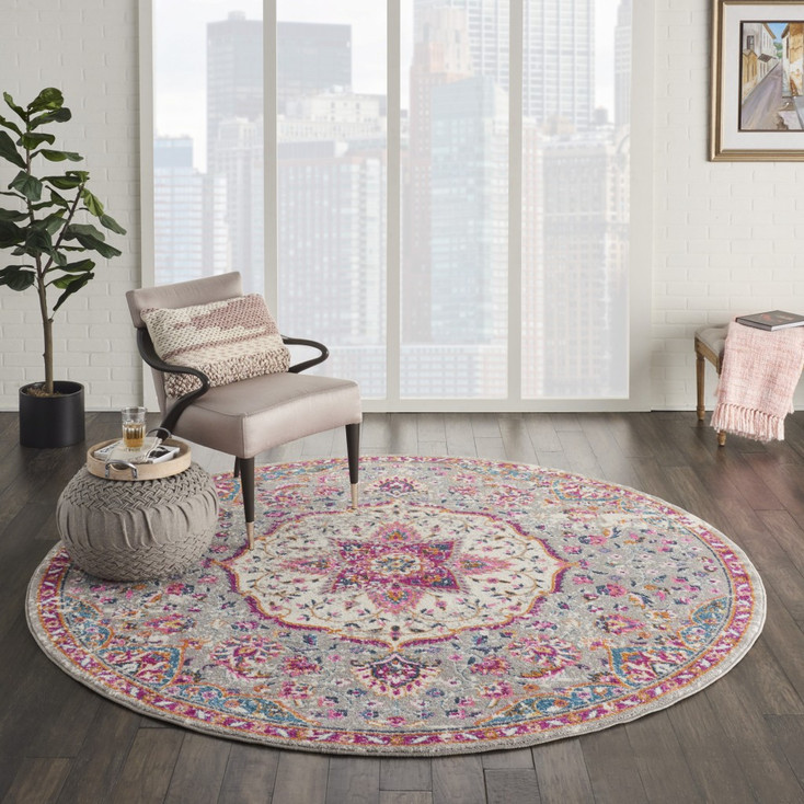 8' Pink and Gray Round Power Loom Area Rug