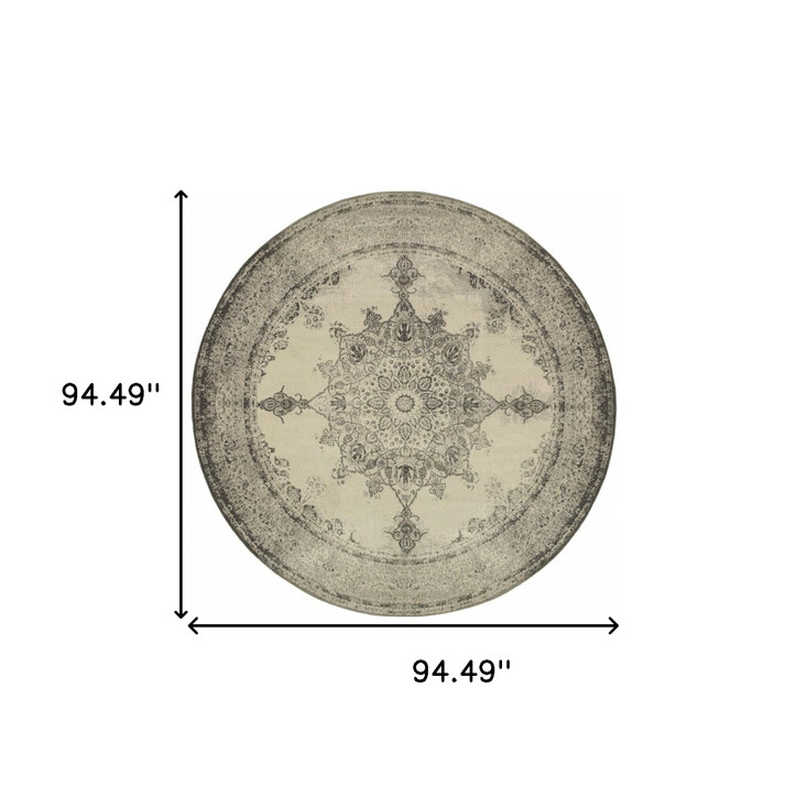 8' Round Ivory and Gray Pale Medallion Area Rug