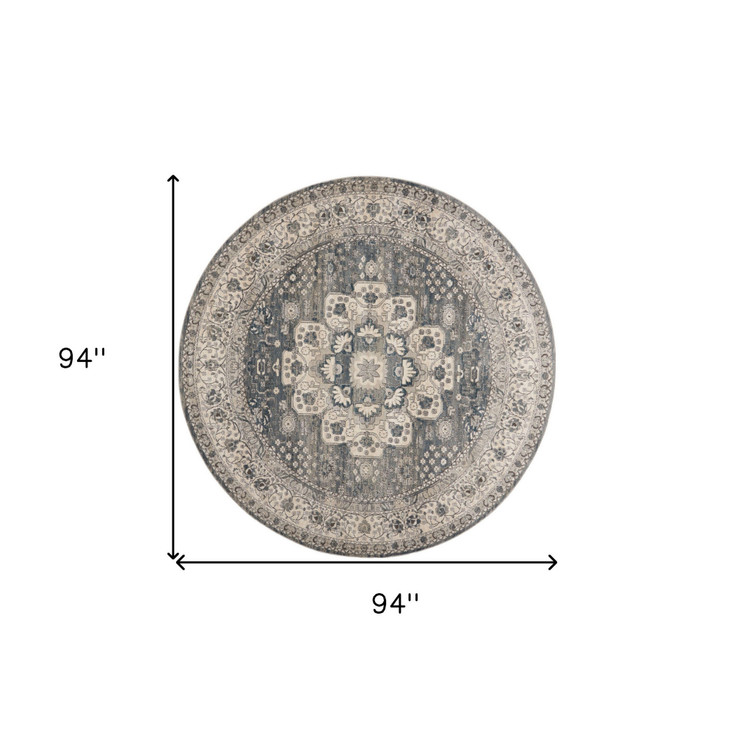8' Grey and Ivory Round Oriental Power Loom Non Skid Area Rug